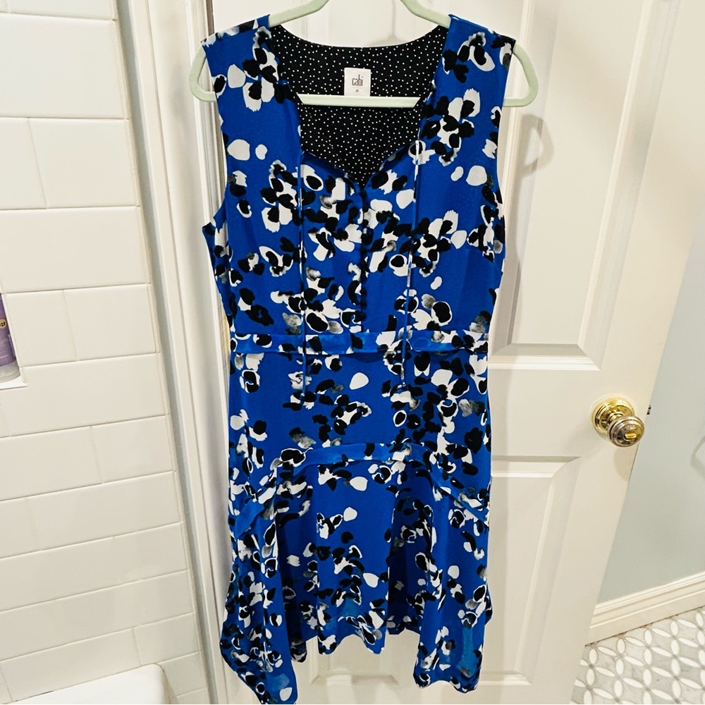 CAbi Electric Blue Floral Asymmetrical Handkerchief Hem Polka Dot Dress Sz M - Picture 4 of 11